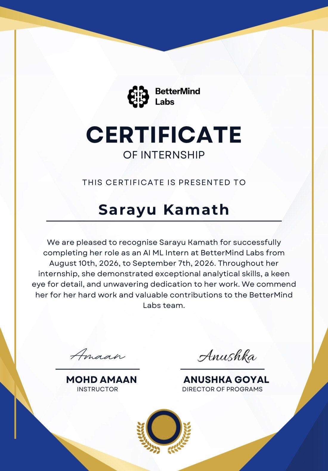 BetterMind Labs internship certificate
