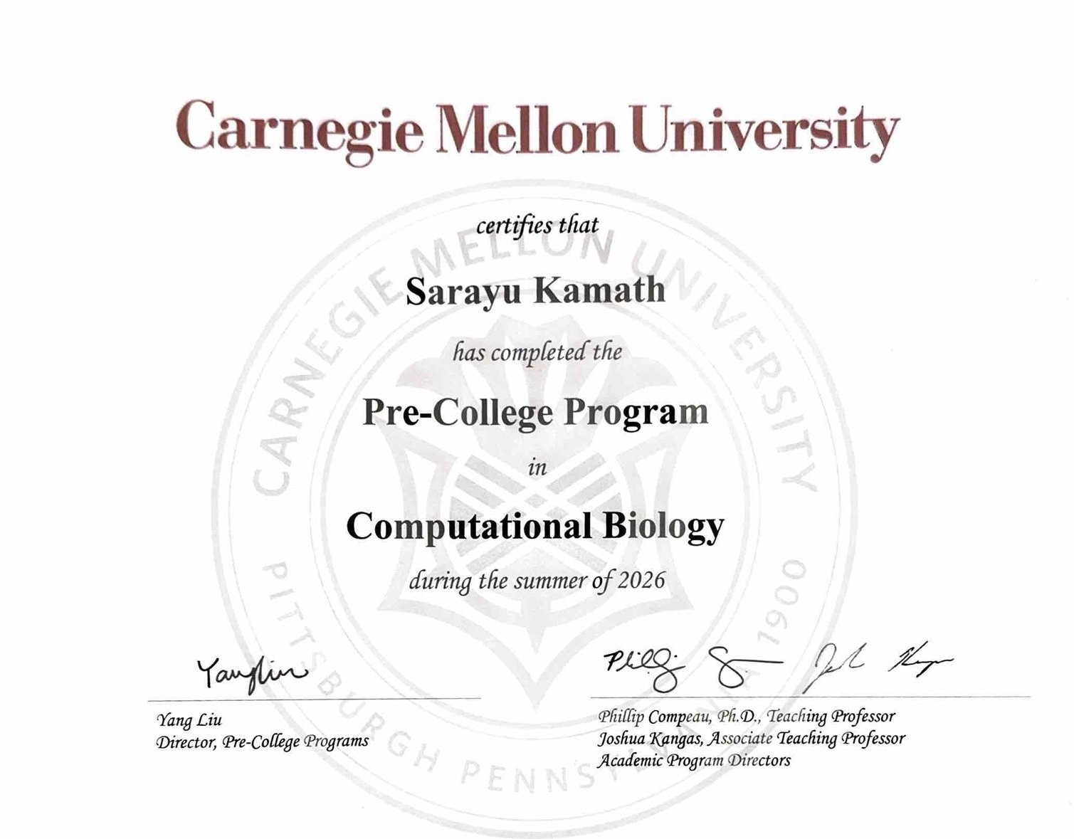Carnegie Mellon Pre-College Computational Biology certificate