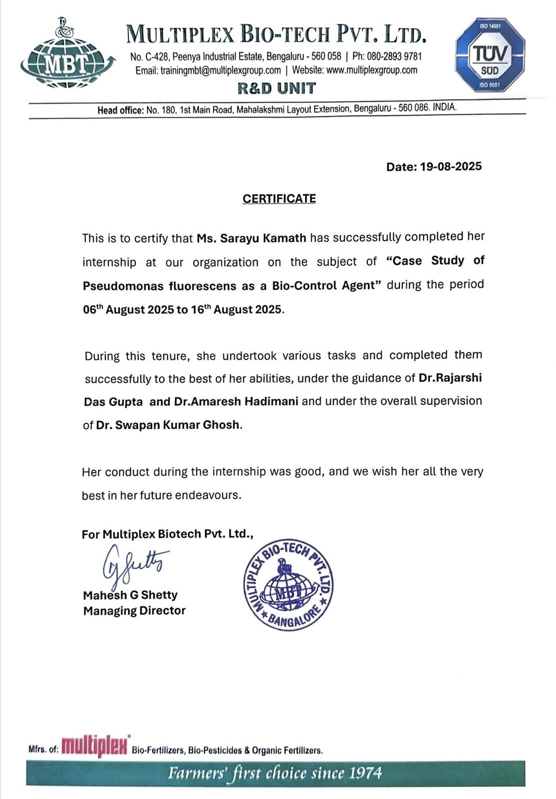 Multiplex Bio-Tech internship certificate