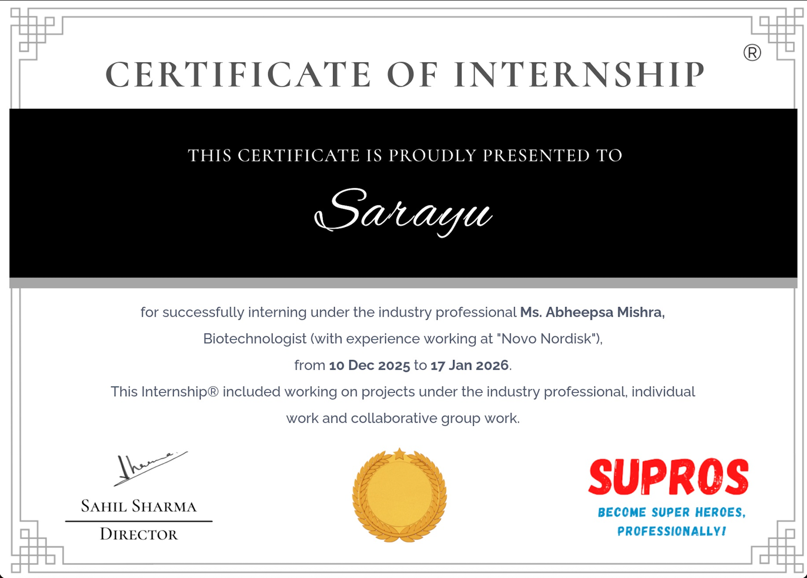 SUPROS Biomedical Engineering Program certificate