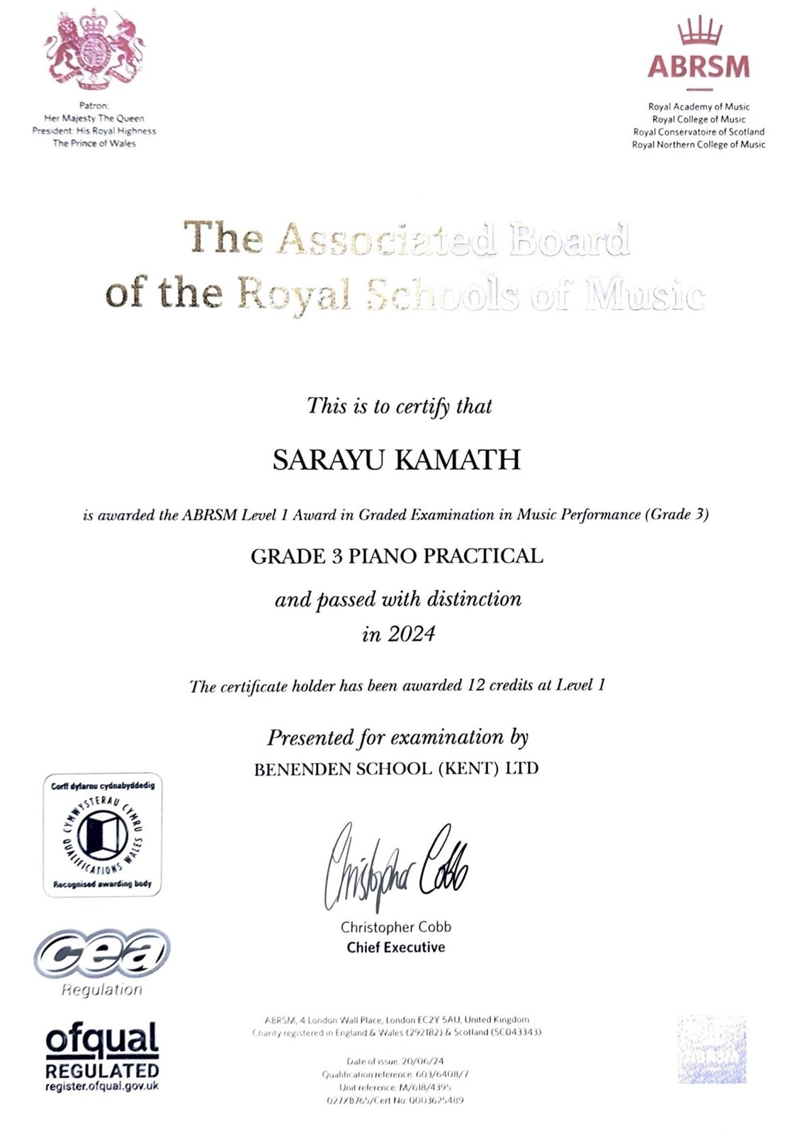 ABRSM Piano Grade 3 Distinction certificate
