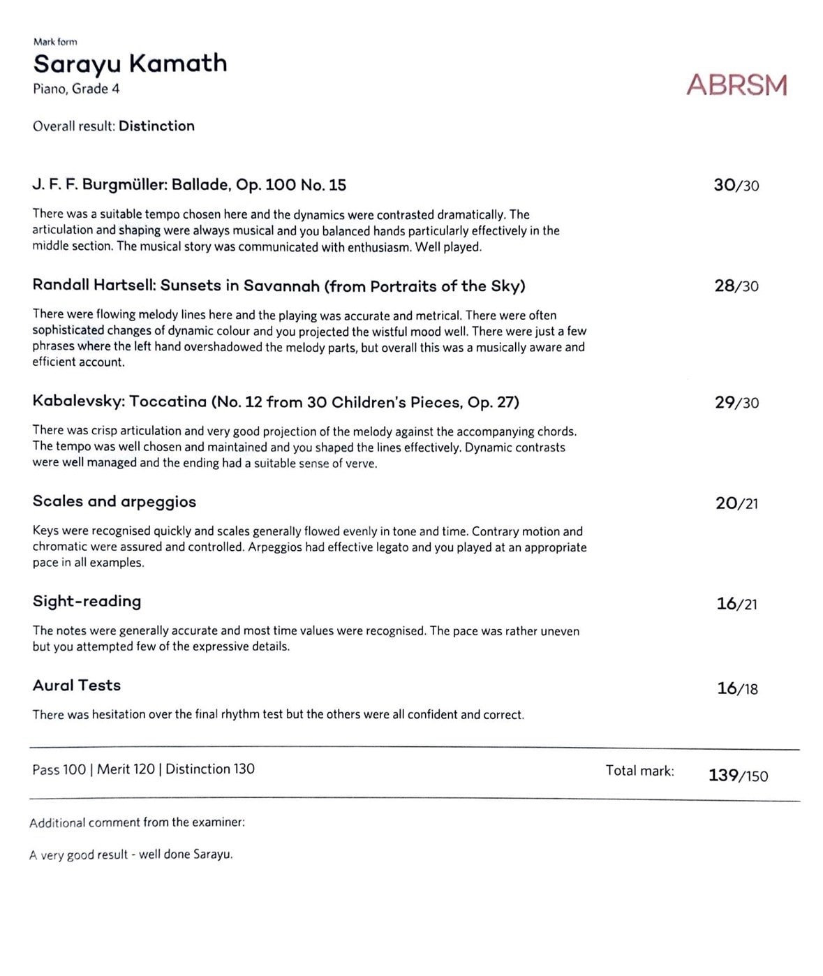 ABRSM Piano Grade 4 Distinction certificate