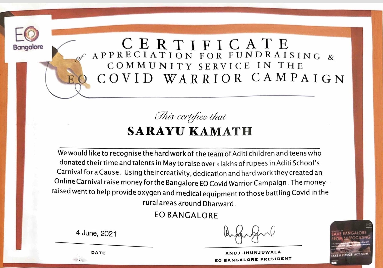 Carnival for a Cause certificate