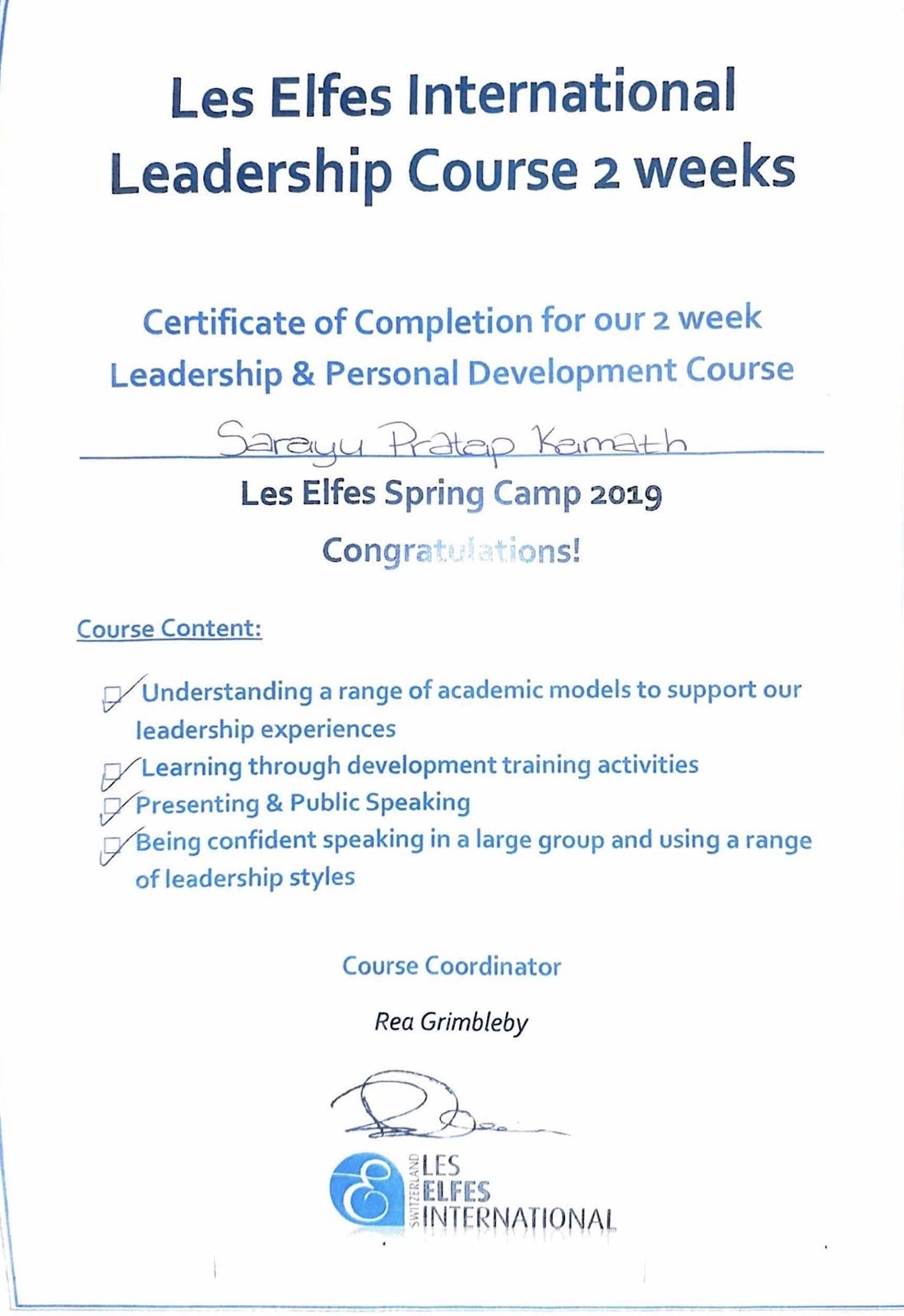 Les Elfes International Leadership & Personal Development Course certificate