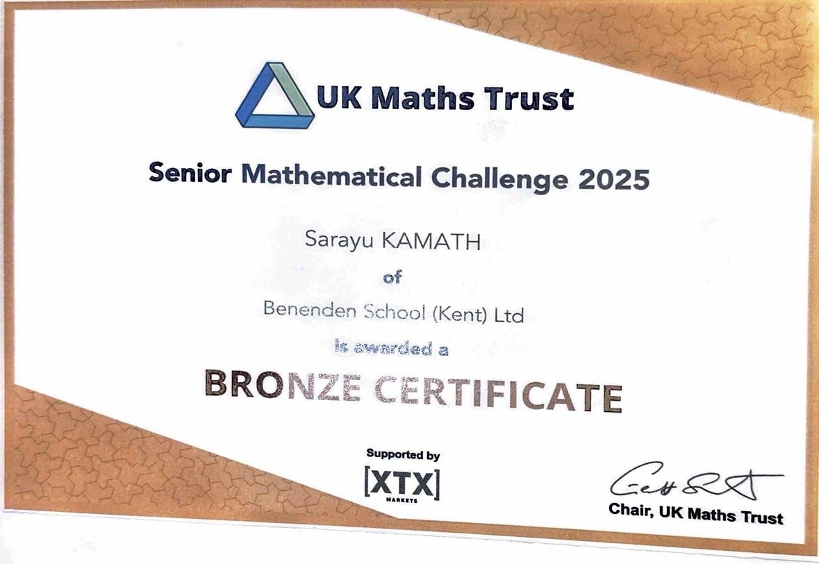 UKMT Senior Mathematical Challenge Bronze certificate